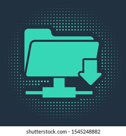 Green FTP folder download icon isolated on blue background. Software update, transfer protocol, router, teamwork tool management, copy process. Abstract circle random dots. Vector Illustration
