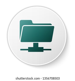 Green FTP folder icon on white background. Concept of software update, ftp transfer protocol, router, teamwork tool management, copy process, info. Green circle button. Vector Illustration