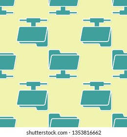 Green FTP folder icon seamless pattern on yellow background. Concept of software update, ftp transfer protocol, router, teamwork tool management, copy process, info. Flat design. Vector Illustration