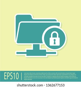 Green FTP folder and lock icon isolated on yellow background. Concept of software update, ftp transfer protocol. Security, safety, protection concept. Vector Illustration