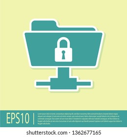 Green FTP folder and lock icon isolated on yellow background. Concept of software update, ftp transfer protocol. Security, safety, protection concept. Vector Illustration