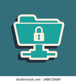 Green FTP folder and lock icon isolated on blue background. Concept of software update, ftp transfer protocol. Security, safety, protection concept. Long shadow style. Vector Illustration