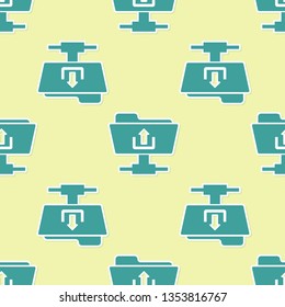 Green FTP folder upload icon seamless pattern on yellow background. Concept of software update, transfer protocol, router, teamwork tool management, copy process. Flat design. Vector Illustration