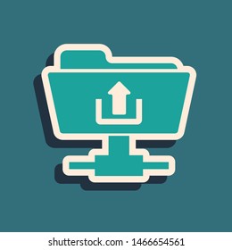 Green FTP folder upload icon isolated on blue background. Software update, transfer protocol, router, teamwork tool management, copy process. Long shadow style. Vector Illustration