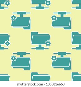 Green FTP settings folder icon seamless pattern on yellow background. Concept of software update, transfer protocol, router, teamwork tool management, copy process. Flat design. Vector Illustration