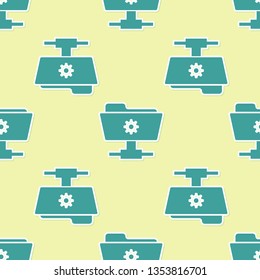 Green FTP settings folder icon seamless pattern on yellow background. Concept of software update, transfer protocol, router, teamwork tool management, copy process. Flat design. Vector Illustration