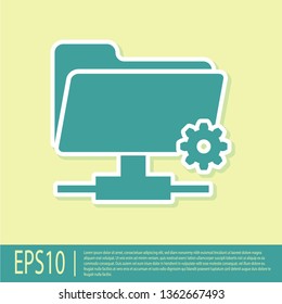 Green FTP settings folder icon on yellow background. Concept of software update, transfer protocol, router, teamwork tool management, copy process. Flat design. Vector Illustration