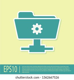 Green FTP settings folder icon on yellow background. Concept of software update, transfer protocol, router, teamwork tool management, copy process. Flat design. Vector Illustration