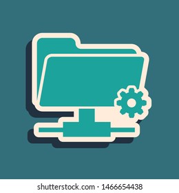 Green FTP settings folder icon isolated on blue background. Software update, transfer protocol, router, teamwork tool management, copy process. Long shadow style. Vector Illustration