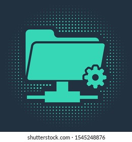 Green FTP settings folder icon isolated on blue background. Software update, transfer protocol, router, teamwork tool management, copy process. Abstract circle random dots. Vector Illustration