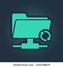 Green FTP sync refresh icon isolated on blue background. Software update, transfer protocol, router, teamwork tool management, copy process. Abstract circle random dots. Vector Illustration