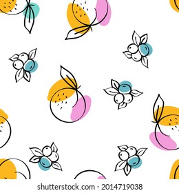 Green and Fuchsia Apricot and Lime Vector White Seamless Pattern. Summer Orange and Berry Design. Blue and Red Citrus and Blueberry Line Texture.