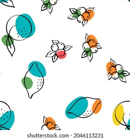 Green and Fuchsia Citrus and Blueberry Vector White Seamless Pattern. Adorable Fruit Design. Bright Apricot and Lime Drawing Background.