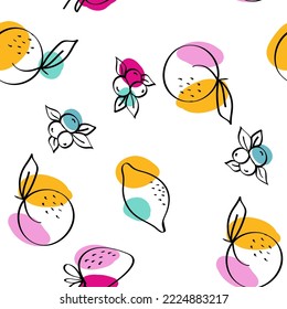 Green and Fuchsia Fruit Vector White Seamless Pattern. Summer Apricot and Lime Illustration. Color Lemon and Strawberry Cute Background.