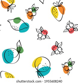 Green and Fuchsia Orange and Berry Vector White Seamless Pattern. Drawing Apricot and Lime Background. Bright Apple and Peach Cute Illustration.
