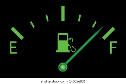Green fuel gauge. Editable vector on black background.