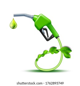 Green Fuel Handle Pump Nozzle And Hose With Green Leaves. Gas Gun With Biofuel. Vector Illustration Isolated On White Background, Environment Conceptual Design.