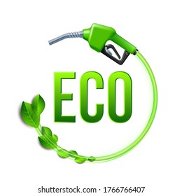 Green Fuel handle pump nozzle and hose with green leaves. Gas Gun with biofuel. Vector Illustration isolated on white background, environment conceptual design.