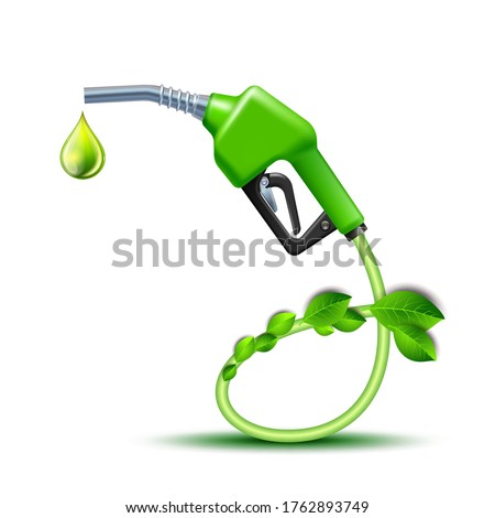 Green Fuel handle pump nozzle and hose with green leaves. Gas Gun with biofuel. Vector Illustration isolated on white background, environment conceptual design.