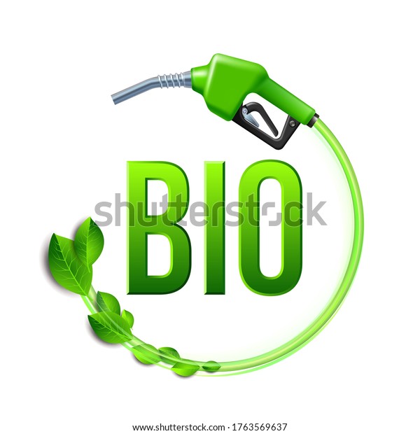 Green Fuel handle pump\
nozzle and hose with green leaves. Gas Gun with biofuel. Vector\
Illustration isolated on white background, environment conceptual\
design.