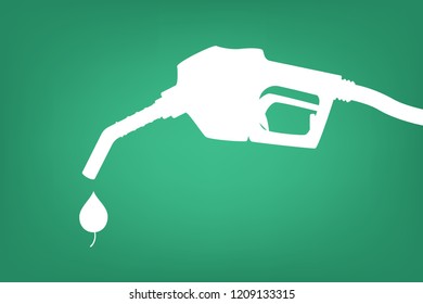 Green fuel pump with drop of ecology friendly oil white silhouette. Bio fuel for automobile. Stop pollution concept. Isolated flat vector illustration