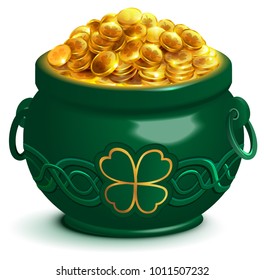 Green Full Pot With Gold Coins. Pot With Four Leaf Clover Symbol Of Patricks Day. Isolated On White Vector 3d Cartoon Illustration