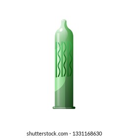 Green full sized latex condom with silky and smooth ribs in the upper part of the product