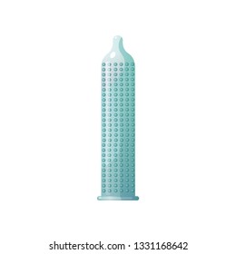 Green full sized latex condom with elastic pimples isolated on white background