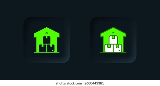 Green Full warehouse icon isolated on black background. Black square button. Vector