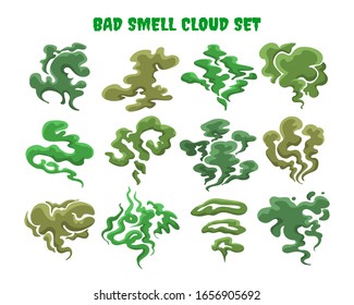 Green fumes. Bad smell clouds, expired aroma vector isolated illustrations, bad food cooking stench smoke or toxic odor