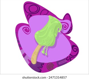 A green funky delicious ice cream on a stick; vintage fantasy background. This cartoon illustration can be used as a logotype for ice cream shops, ice cream stores, cafes. Vector, isolated.