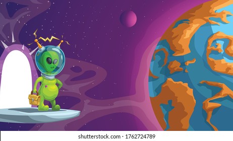 green funny alien space tourist