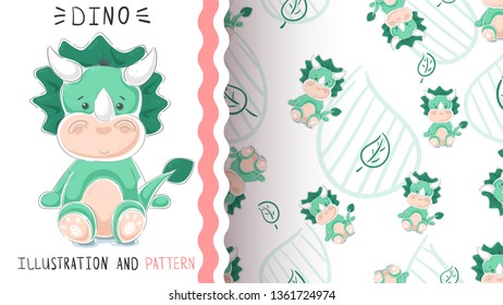 Green funny dino - seamless pattern. Hand draw