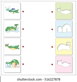 Green funny dragon astronaut, diver, on the sunbed and on the blocks. Educational game for kids. Choose the correct silhouettes on the opposite side and connect the points