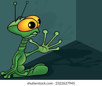 Green Funny Extraterrestrial with Big Hands and Yellow Eyes - Colored Cartoon Illustration with Background, Vector
