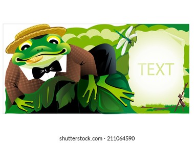 Green funny frog brings good luck. Vector illustration.