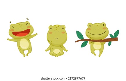 Green funny frog characters in different activities set. Cute toad amphibian animal cartoon vector illustration