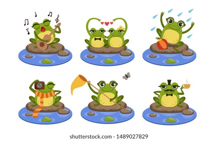 Green Funny Frog Characters Set, Cute Humanized Amphibian Animal in Different Situations Vector Illustration