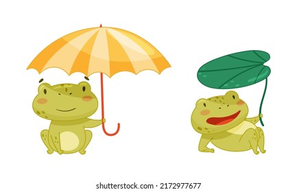 Green funny frog characters set. Cute toad amphibian animals with umbrellas cartoon vector illustration