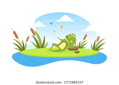 Green Funny Frog Lying on Leaf in Pond, Cute Amphibian Creature Character Posing on Lily Pad Cartoon Vector Illustration