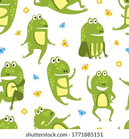 Green Funny Frog Seamless Pattern, Cute Amphibian Creature Character, Textile, Wallpaper, Packaging, Background Design Vector Illustration