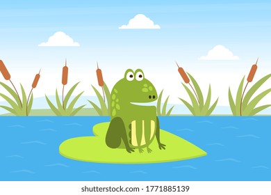 Green Funny Frog Sitting on Leaf in Pond, Cute Amphibian Creature on Lily Pad Cartoon Vector Illustration