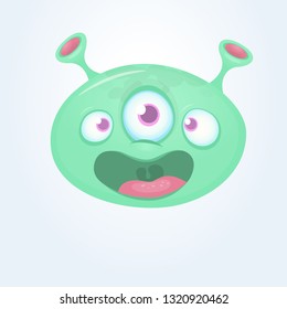 Green funny happy cartoon alien. Green vector alien character with three eyes. Halloween design