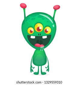 Green funny happy cartoon alien. Green vector alien character with three eyes. Halloween design