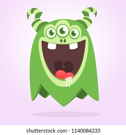 Green funny happy cartoon monster. Green vector alien character. Halloween design