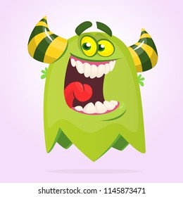 Green funny happy cartoon monster. Green vector alien character. Halloween design