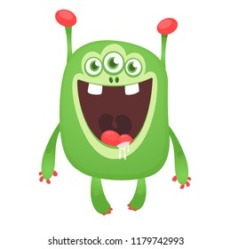 Green funny happy cartoon monster. Green vector alien character. Halloween design