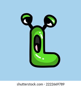 green funny letter L in the form of a monster with the face, tail and ears of the devil, frightened puzzled and surprised, with shadow and highlights, doodle