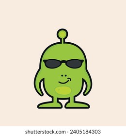 Green funny monster girl with sunglasses, big belly, one antenna on head and naughty smile smiling mouth vector line art