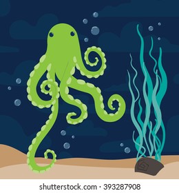 Green funny octopus marine vector